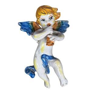 Vtg E.‎ Boria Italian Art Pottery Cherub Angel Caltagirone Majolica Blue Orange